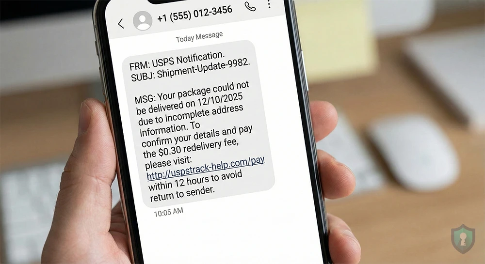 A typical smishing attempt. Notice the sense of urgency and the non-official URL