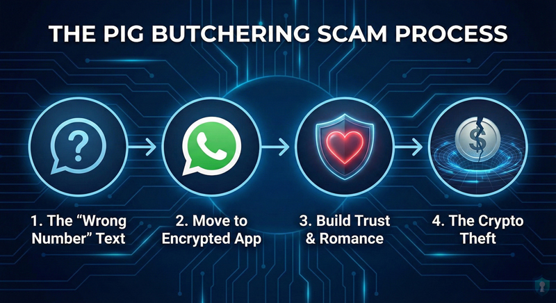 The four stages of a "Pig Butchering" (Sha Zhu Pan) scam, from contact to theft.